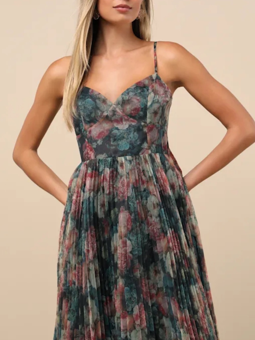 ✨LIKE NEW✨ Lulu’s Alondra Pleated Midi Dress, Dark Green Multi Floral